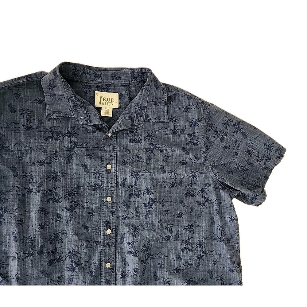 True Nation Men's 2XL Blue Hawaiian Palms & Pineapple Print Button S/S Shirt EUC